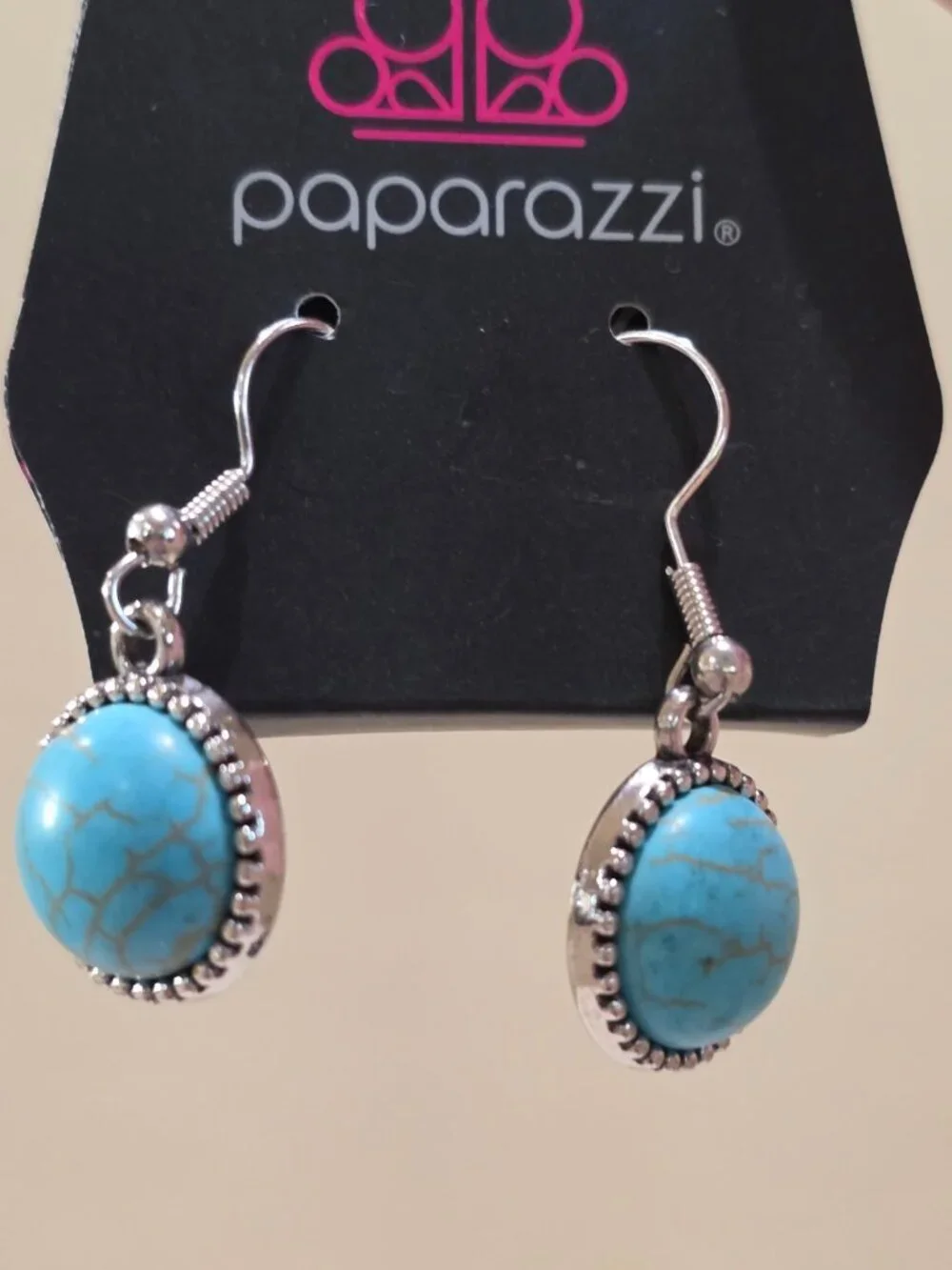 NOC Paparazzi Blue Marbled Round SW Style Silver Dangle Pierced Earrings NOS